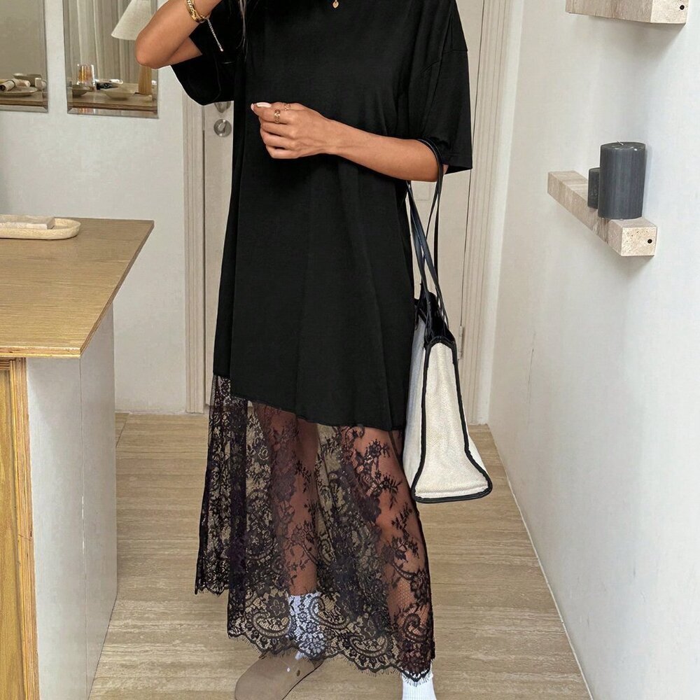 Black Casual Women's Loose Lace Elegant Crew Neck Short Sleeve Dress - Picture 4 of 6